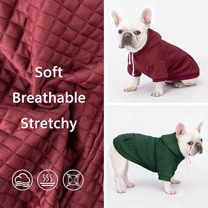 2 Pack Dog Hoodie Sweaters for Small Medium Dogs Warm Dog Clothes for Large Dogs Soft Waffle-Like Laminated Sweatshirt Bulldog (Dark Green+Wine Red, S/M (Back: 13",Chest: 18.5", Neck: 12"))