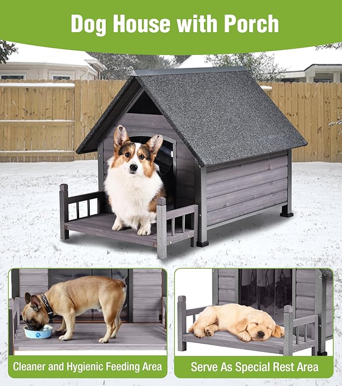 GUTINNEEN Heated Dog House Outdoor for Winter with Anti-Bite Design, Dog Kennel with Heating Blanket, Asphalt Roof, for Small to Medium Dogs - Grey