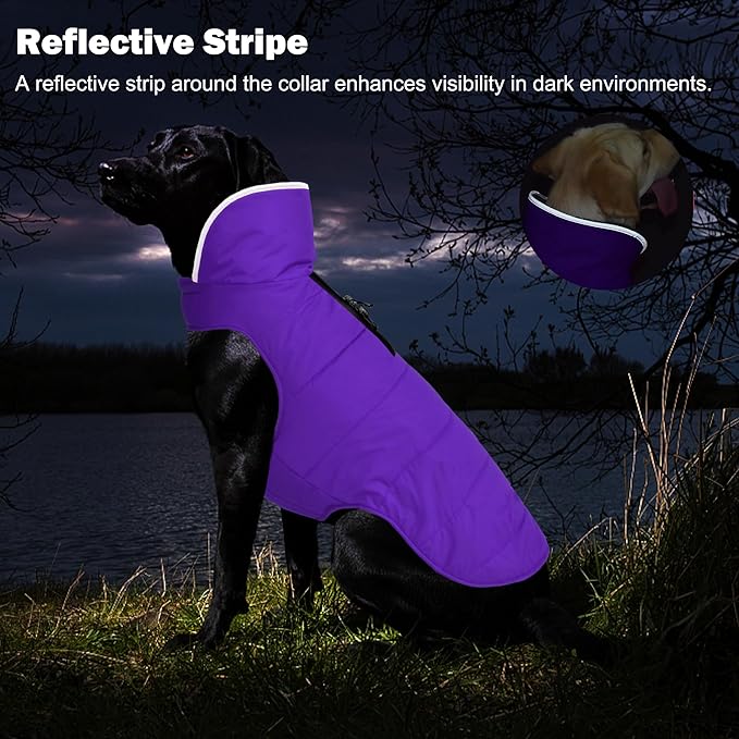 Dog Winter Coat, Waterproof Dog Jacket with Leash Hole, Reflective Adjustable Pet Snow Vest, Warm Fleece Sweater for Small Medium Large Dogs - Purple, 3XL