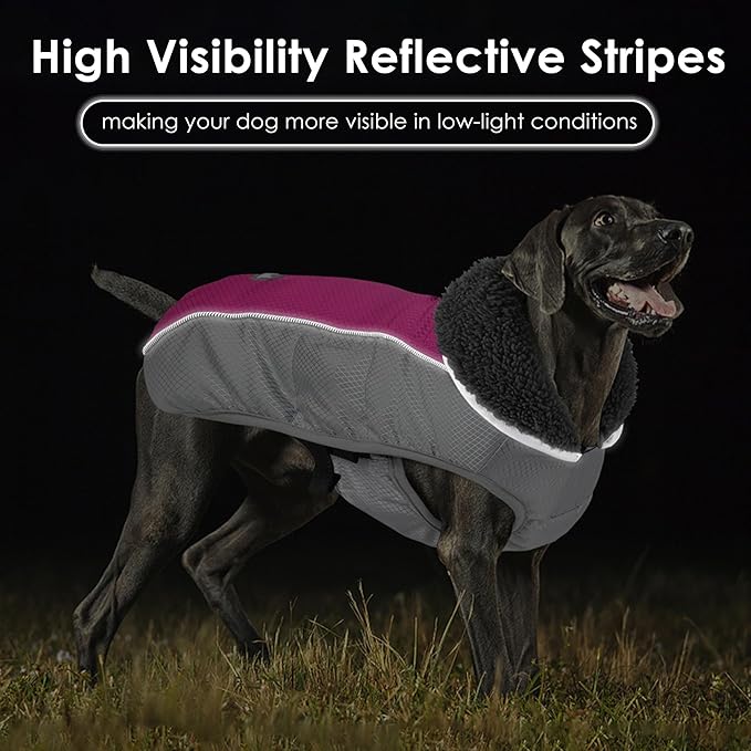 Dog Coat, Waterproof Ripstop Dog Winter Jacket with Leash Hole, Reflective Adjustable Warm Pet Fleece Snow Sweater for Small Medium Large Dogs - Rosy Red, S