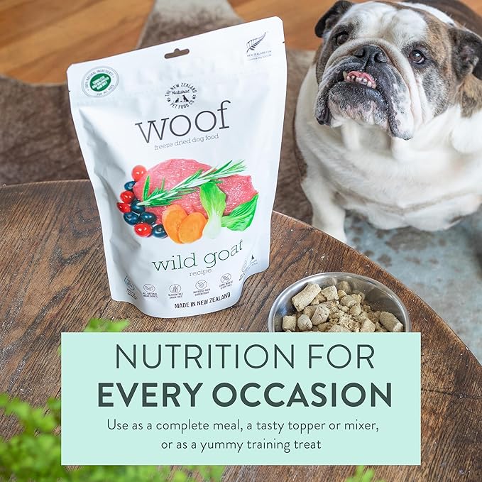 WOOF Wild Goat Freeze Dried Raw Dog Food, Mixer, or Topper, or Treat - High Protein, Natural, Limited Ingredient Recipe 9.9oz