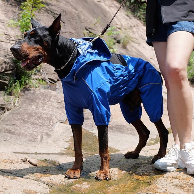 LOVELONGLONG Waterproof Dog Raincoat with Removable Hood – Outdoor Full Body Dog Jacket, Windproof Snowproof Shell Suit – All Season Pet Rain Gear Blue M