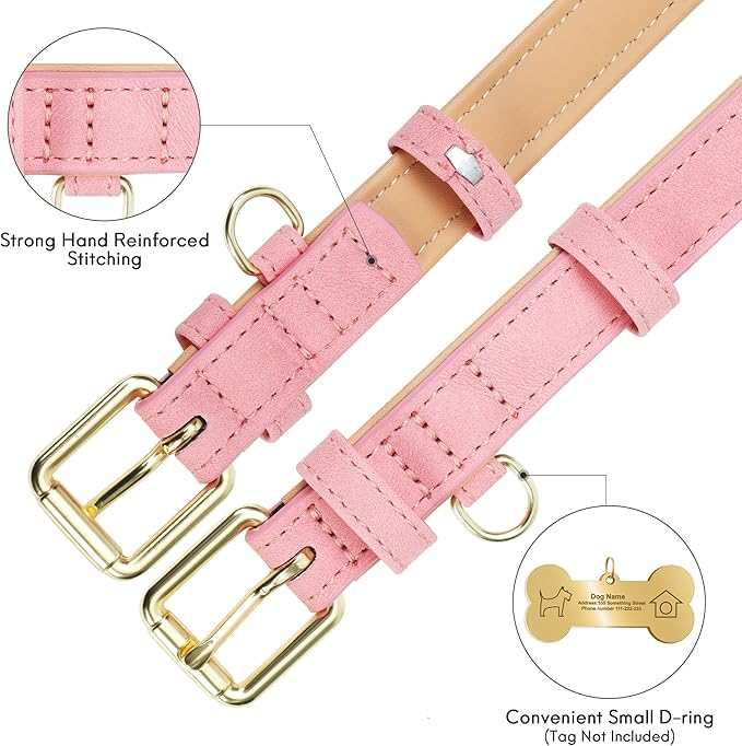 Leather Dog Collar for Small Medium Large Dogs, Soft Padded Dog Leather Collar with Heavy Duty Gold Buckle, Durable & Comfortable for Medium Dogs Daily Walking (Pink, M)