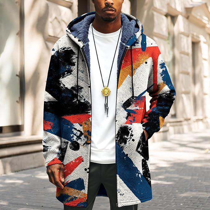 Mens Long Cardigan Hoodies Full Zip Fleece Lined Jackets Fashion Knitted Color Block Hooded Coat with Pockets