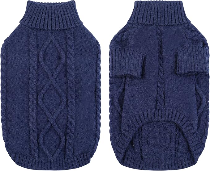 Queenmore Small Dog Pullover Sweater, Cold Weather Cable Knitwear, Classic Turtleneck Thick Warm Clothes for Chihuahua, Bulldog, Dachshund, Pug (Dark Navy, X-Small)