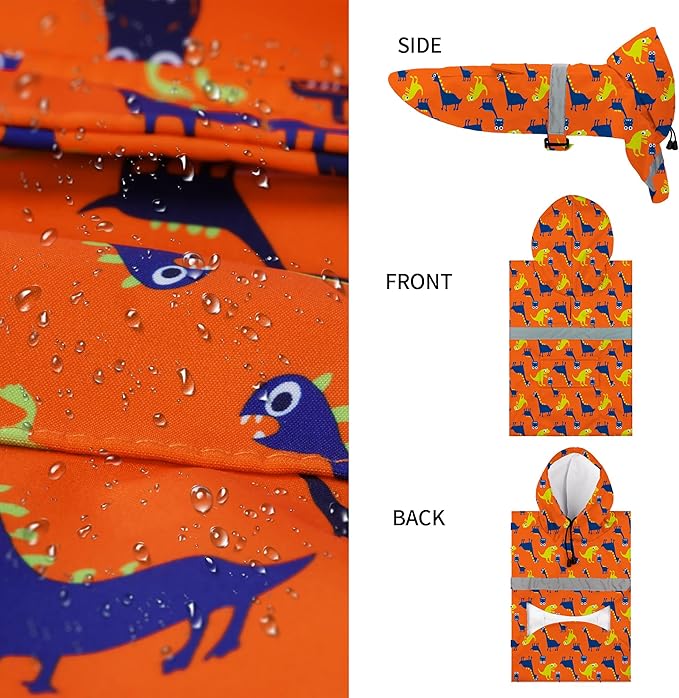 NACOCO Large Dog Raincoat Adjustable - Pet Dinosaurs Water Proof Clothes Lightweight Rain Jacket Poncho Hoodies with Strip Reflective Blue (XL, Orange Dinosaur)