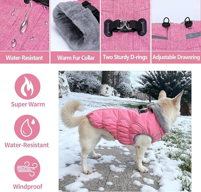 Malier Dog Coat, Reflective Dog Jacket Waterproof Windproof Puppy Cold Weather Coats with Harness Built in, Winter Extra Warm Pet Coat Fleece Vest for Small Large Pets and Puppy (Pink, XXX-Large)