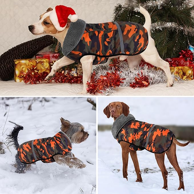 Dogcheer Warm Dog Coat, Waterproof Dog Jacket Christmas Puppy Winter Coat with Buckle, Reflective Adjustable Pet Snow Jacket Turtleneck Fleece Sweater for Small Medium Large Dogs - Orange Camo, M
