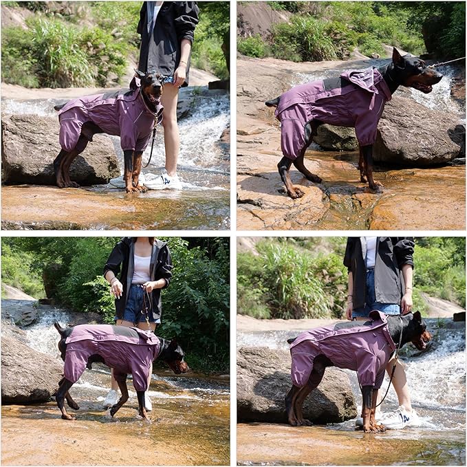 LOVELONGLONG Waterproof Dog Raincoat with Removable Hood – Outdoor Full Body Dog Jacket, Windproof Snowproof Shell Suit – All Season Pet Rain Gear Plum Purple L