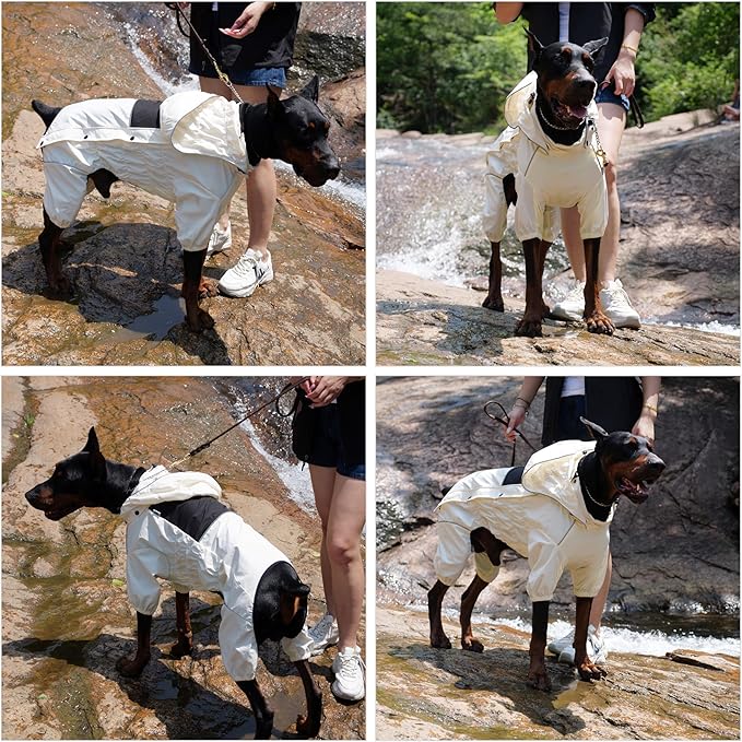 LOVELONGLONG Waterproof Dog Raincoat with Removable Hood – Outdoor Full Body Dog Jacket, Windproof Snowproof Shell Suit – All Season Pet Rain Gear Ivory XXS