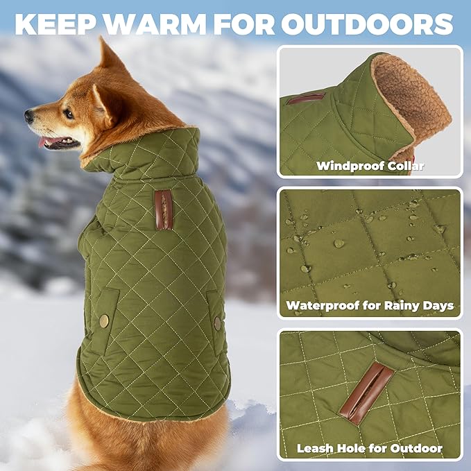Dog Coat, Warm Windproof Dog Coats for Large Dogs Boy, Waterproof Pet Winter Jacket, Cold Weather Clothes Dogs Snowsuit with Leash Hole, Green XXX-Large