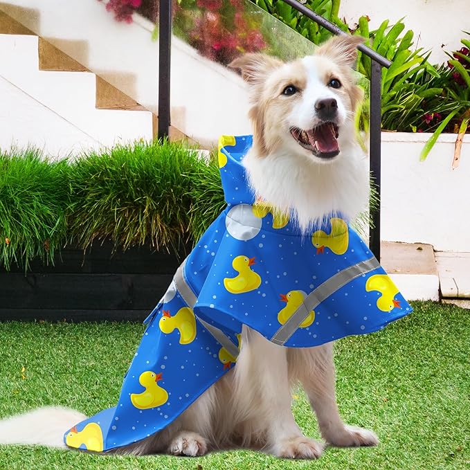 NACOCO Large Dog Raincoat Adjustable-Pet Rubber Ducks Yellow Water Proof Clothes Lightweight Rain Jacket Poncho Hoodies with Strip Reflective Blue (Blue XXL, Yellow Duck)