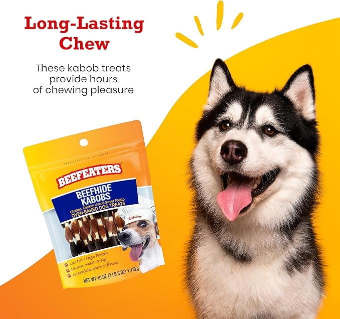 Beefeaters Beefhide Kabobs – Dog Treat. Triple Flavor with Real Chicken, Liver & Sweet Potato, Long-Lasting Chew, Supports Dental Health, Ideal for Training