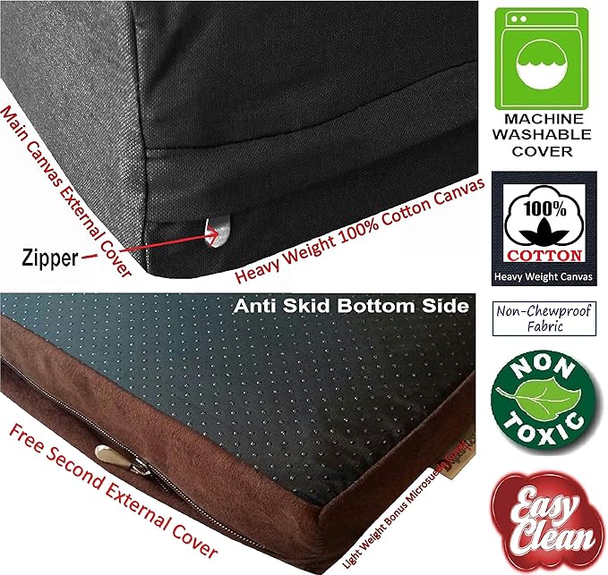 Dogbed4less Jumbo Orthopedic Cool Memory Foam Dog Bed for Extra Large Dogs with Durable Canvas Cover, Waterproof Liner and Extra Brown Microsuede Antislip Duvet, 55X47X4, Black
