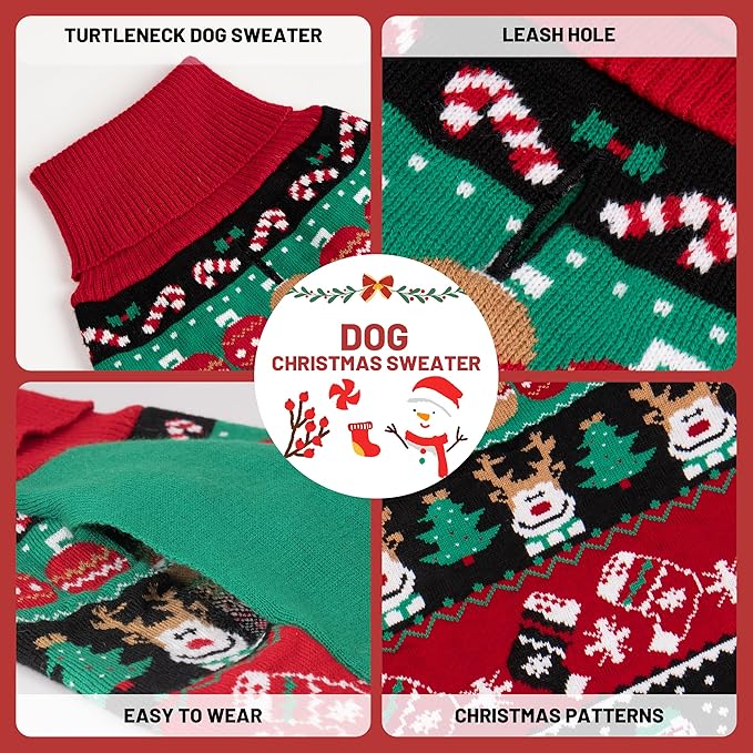 cyeollo Dog Christmas Sweater, Turtleneck Dog Sweaters for Small Dogs Girl & Boy Soft Pollover Doggy Clothes with Leash Hole Xmas Doggie Costumes, XL