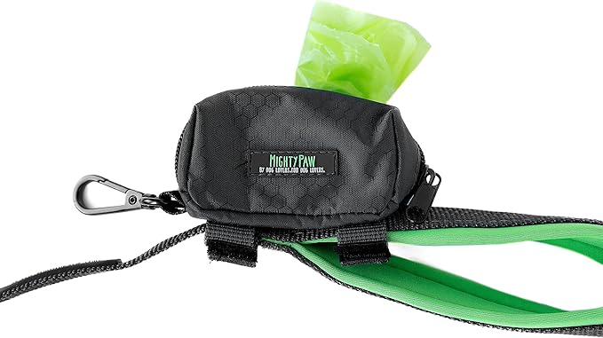 Mighty Paw Dog Poop Bag Holder - Zippered Pouch with Carabiner Hook - Includes Roll of Pick-up Bags - Pet Poop Holder and Dispenser - Pet Walking Supplies - (Grey/Green)