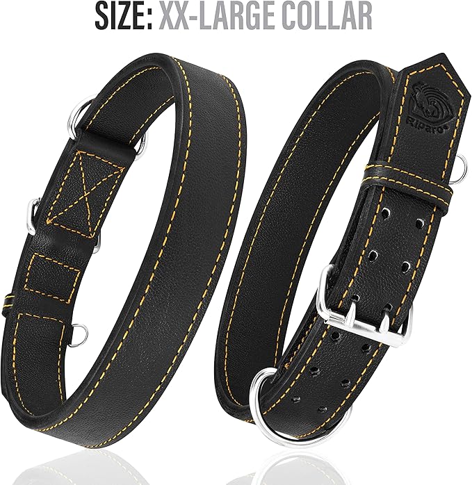 Riparo Dog Collar - Genuine Leather Dog Collars - Heavy Duty Dog Collars for Medium Large and Extra Large Dog Breeds (L: 1.25” Wide for 18” - 22” Neck, Black/Orange Thread)