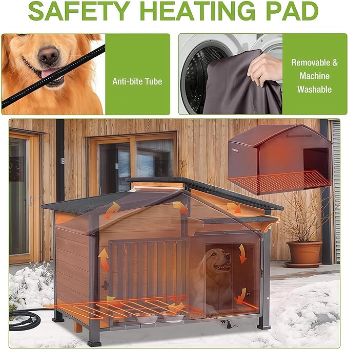 Heated Dog House Outdoor, Insulated Dog Kennel with Heating Pad for Winter, Weatherproof Dog Shelter with Anti-Chewing Metal Frame and Bowls for Small Medium Large Dogs (Brown)