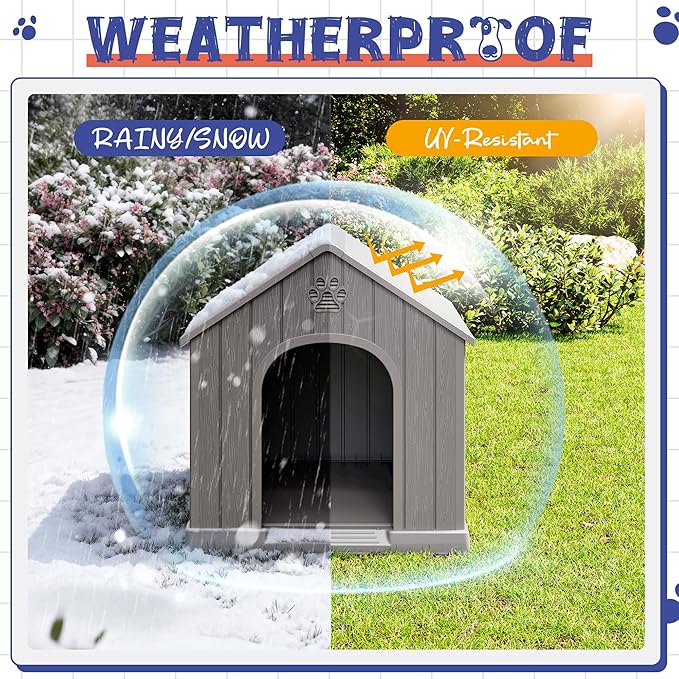 Dog House Outdoor Indoor, Plastic Small Dog House-Weatherproof & Insulated Design with Air Vents & Elevated Floor for Small to Medium Dogs, Easy Clean and Assemble (Grey)
