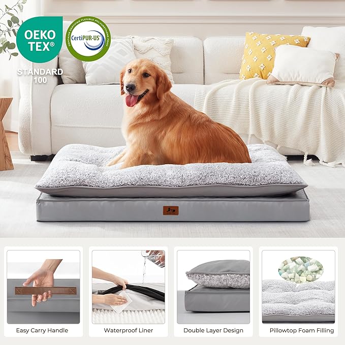 Orthopedic Dog Bed for Ctrate, Waterproof PillowTop Pet Bed for Medium Large Size Dogs, Egg-Crate Foam Dog Crate Mat with Removable Washable Cover, 2-Layers Kennel Pad 47"L x 39"W, Light Grey
