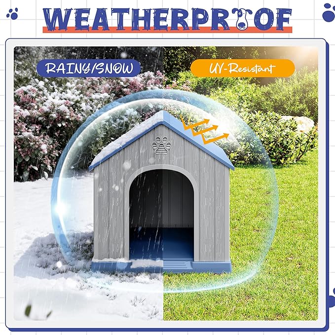 Dog House Outdoor Indoor, Plastic Small Dog House-Weatherproof & Insulated Design with Air Vents & Elevated Floor for Small to Medium Dogs, Easy Clean and Assemble (Blue)