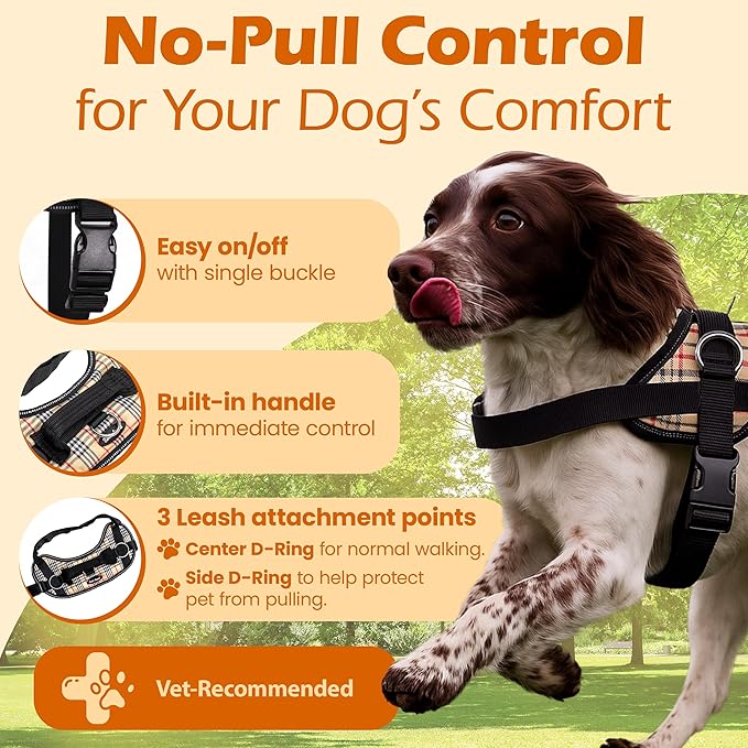 Bark Appeal Tan Plaid No-Pull Dog Harness for Extra Small to Small Sized Pets – Adjustable, Reflective Vest with 3 Leash Clips for Added Control, Easy Walks & Training – Small