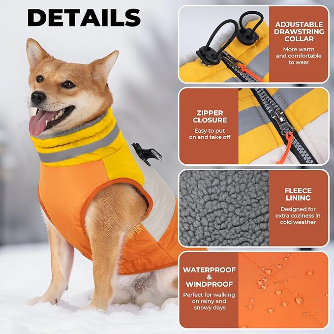Dog Coat, Waterproof Dog Winter Coats for Small Dogs, Reflective Dogs Jacket with Harness Built in, Zip-up Cold Weather Coats Pet Vest Turtleneck Doggy Snowsuit, Orange Medium