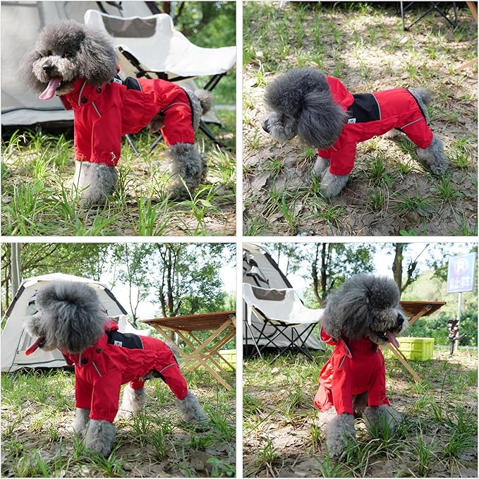 LOVELONGLONG Waterproof Dog Raincoat with Removable Hood – Outdoor Full Body Dog Jacket, Windproof Snowproof Shell Suit – All Season Pet Rain Gear Red XXS