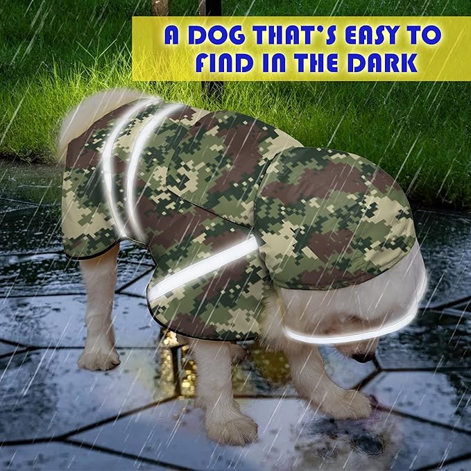 Dog Raincoat, Adjustable Rain Jacket with Hooded Double Layer for Large Medium Small Dogs Puppies, Lightweight Waterproof Rain Coat Poncho with Reflective Stripe Mosaic Camouflage Green,M