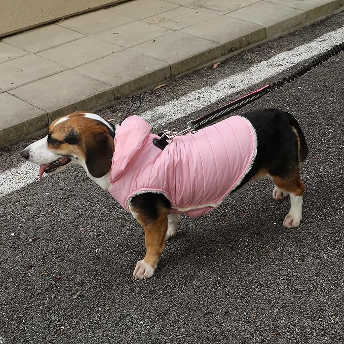 Fleece Lining Dog Hoodie with Harness Built in,Extra Warm Medium Dog Jacket in Winter Doggie Coats with Drawstring Hooded,Light Pink L