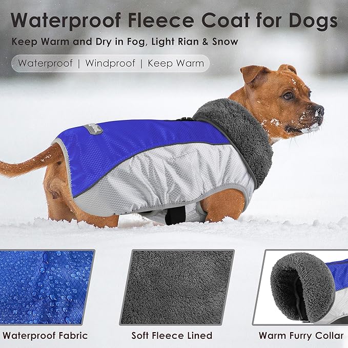 Dog Coat, Waterproof Ripstop Dog Winter Jacket with Leash Hole, Reflective Adjustable Warm Pet Fleece Snow Sweater for Small Medium Large Dogs - Blue, 2XL