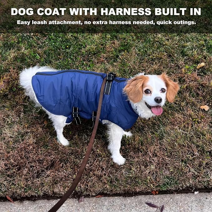 Large Dog Coat with Harness Built-in, Waterproof Reflective Fleece Lined - Warm Windproof Winter Jacket with Back Zipper, Cold Weather Snow Dog Coats - Blue - 3XL