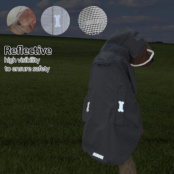 Waterproof Dog Raincoat, Adjustable Reflective Lightweight Pet Rain Clothes with Poncho Hood(Medium,Black&White)