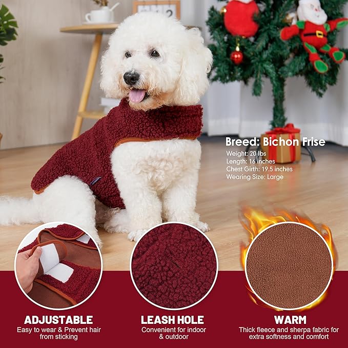 cyeollo Warm Dog Coat Fleece Sherpa Winter Sweater Coats, Turtleneck Dog Jacket Vest for Small Medium Large Dogs, Reversible Cold Weather Pet Coats, Burgundy, M