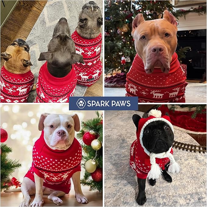 Spark Paws Christmas Dog Sweater – Ultra Soft Holiday Knit Sweater for Small, Medium & Large Dogs, Cute Pet Sweater for French Bulldogs & Big Dogs, Easy Potty V Cut Design Jacket - (Dasher Red,L)