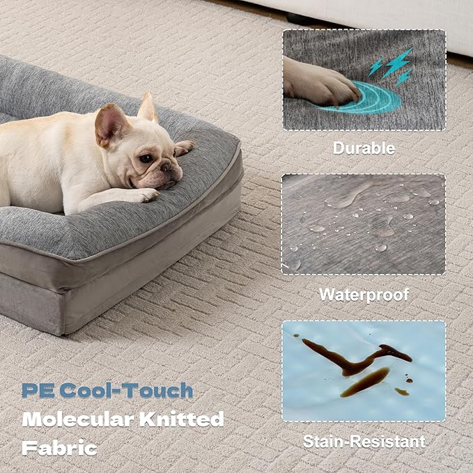 Cooling Pet Bed for Large Dogs and Cats, Waterproof Orthopedic Dog Sofa Bed, Supportive Foam Pet Couch Bed with Washable Removable Cover, Waterproof Lining and Nonskid Bottom(Large, Grey)