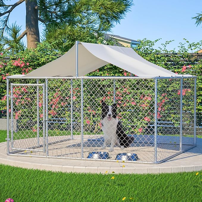 Outdoor Dog Enclosure Heavy Duty Dog Kennel House Mesh Outside Galvanized Chain Link Dog Run with Roof,Dog Cage Large Dogs Dog Pen Pet Kennel W/Waterproof Anti-UV Cover&Secure Lock for Large Dog