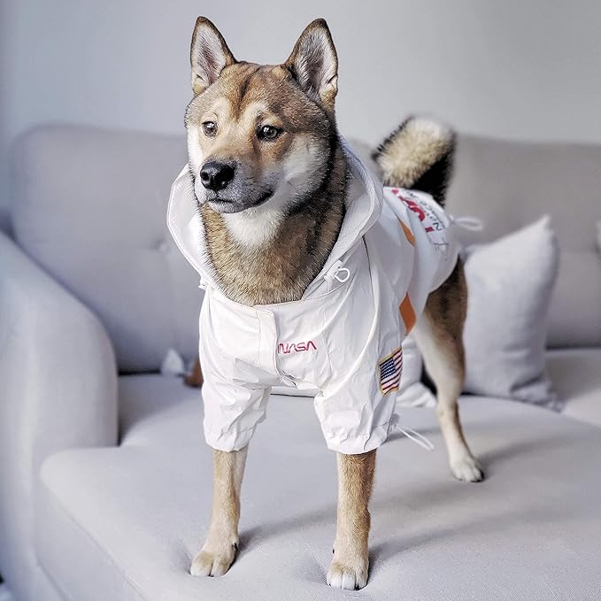 ChoChoCho NASA Dog Raincoats, Reflective Rain Jacket Water Proof, Dog Clothes, Cat & Puppy Stylish Streetwear Outfit (White, S)