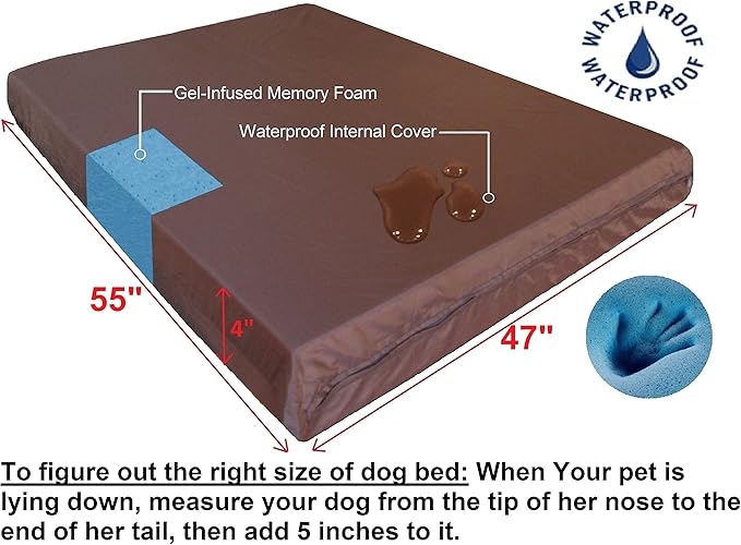 Dogbed4less Premium Orthopedic Memory Foam Pet Bed for Extra Large Dogs, Washable Durable Denim Cover, Waterproof Liner and Extra Case, Jumbo 55"X47"X4", Brown