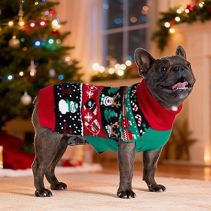 cyeollo Dog Christmas Sweater, Turtleneck Dog Sweaters for Small Dogs Girl & Boy Soft Pollover Doggy Clothes with Leash Hole Xmas Doggie Costumes, XL