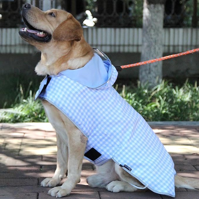 MAMORE Dog Raincoat Reversible,Waterproof Dog Rain Coat Hooded Slicker Poncho with Reflective Strip, Plaid Double Layer Rain Jacket for Small Medium Large Dogs (Light Blue, Large)