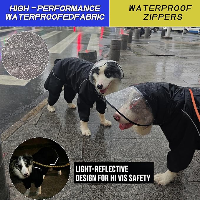 Dog Raincoat for Medium Large Dogs,rain Jacket Coat, Full Leg Coverage Waterproof Rain Suit with Detachable Hood & Tail, Reflective Strips, Snag-Free Top Zipper (Black for Boy, X-Small)