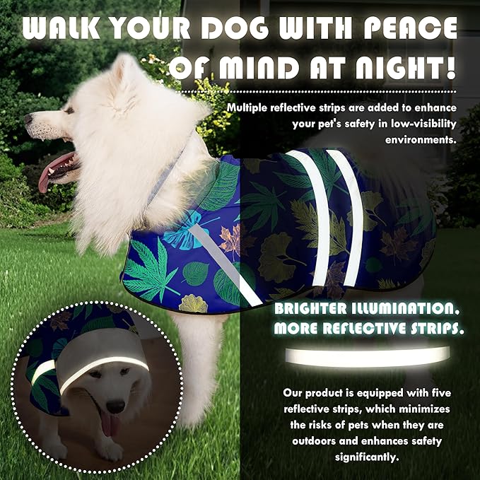 Dog Raincoat, Adjustable Rain Jacket with Hooded Double Layer for Large Medium Small Dogs Puppies, Lightweight Waterproof Rain Coat Poncho with Reflective Stripe Leaf Blue,XL