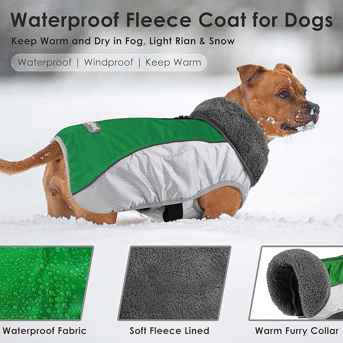 Dog Coat, Waterproof Ripstop Dog Winter Jacket with Leash Hole, Reflective Adjustable Warm Pet Fleece Snow Sweater for Small Medium Large Dogs - Green, M
