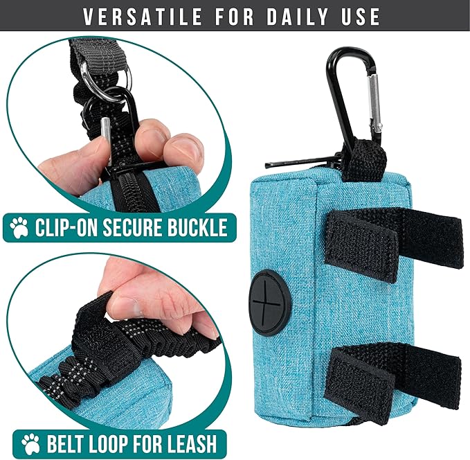 PetAmi Dog Poop Bag Holder for Leash Attachment, Doggie Zipper Pouch Soft Fabric Poop Bag Carrier, Dog Pet Waste Bag Dispenser with Carabiner Clip, 1 Roll of Dog Trash Bag (Blue, 1 Pack)