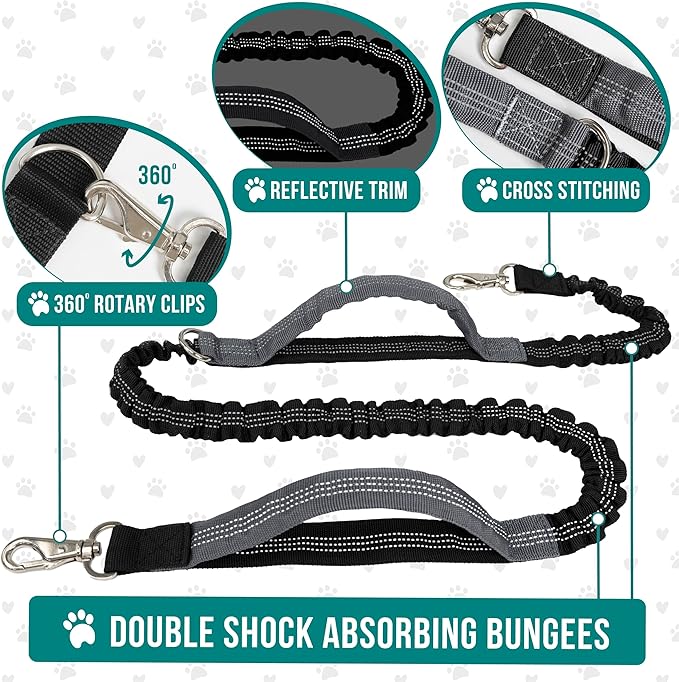 PetAmi Hands Free Dog Leash, Dog Running Leash Belt Bag for Walking, Jogging, Dog Waist Double Zipper Pouch with Poop Bag Dispenser, Dual Padded Handles Reflective Bungee Leash, Single, Navy, 1 Leash