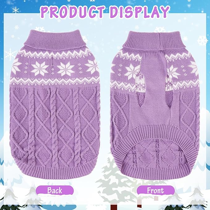 Warm Winter Pink Dog Sweater - Cold Weather Pet Clothes for Small Medium Large Dogs Indoor Outdoor, Soft Classic Knit Puppy Apparel Coat, Purple, XL