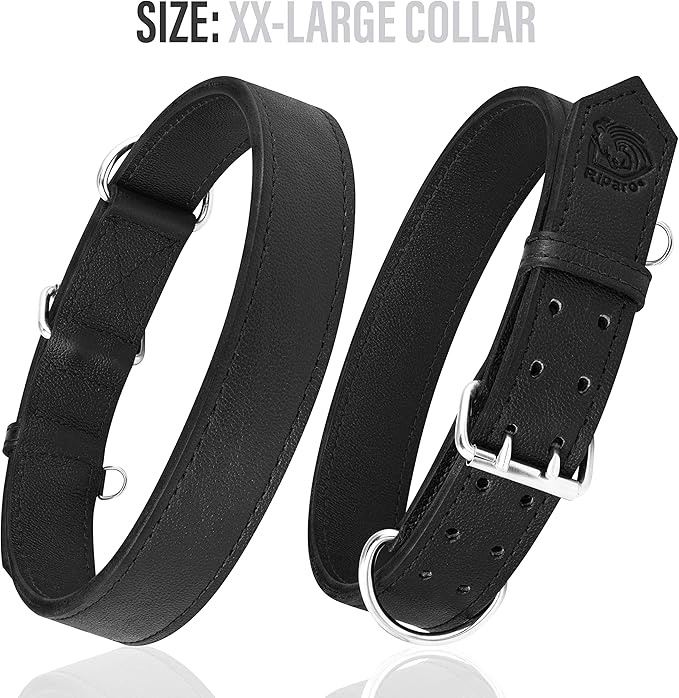 Riparo Dog Collar - Genuine Leather Dog Collars - Heavy Duty Dog Collars for Medium Large and Extra Large Dog Breeds (XXL: 1.75” Wide for 26” - 31” Neck, Black)