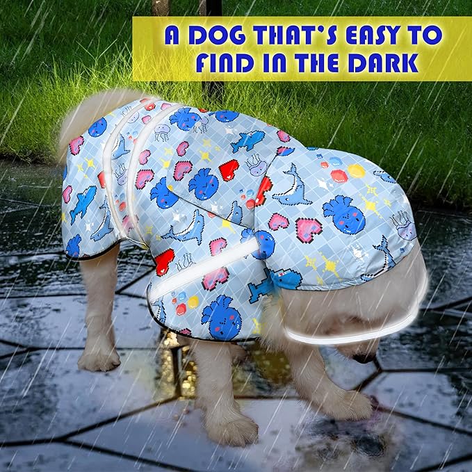 Dog Raincoat, Adjustable Rain Jacket with Hooded Double Layer for Large Medium Small Dogs Puppies, Lightweight Waterproof Rain Coat Poncho with Reflective Stripe Ocean Dolphin Blue,M
