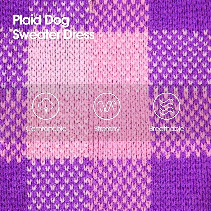 Dog Sweater Dress Plaid Knitwear for Small Medium Dogs Warm Puppy Pet Turtleneck Stretch Pullover Cute Fall Winter Vest Clothes with Leash Hole for Christmas (Purple, XS)